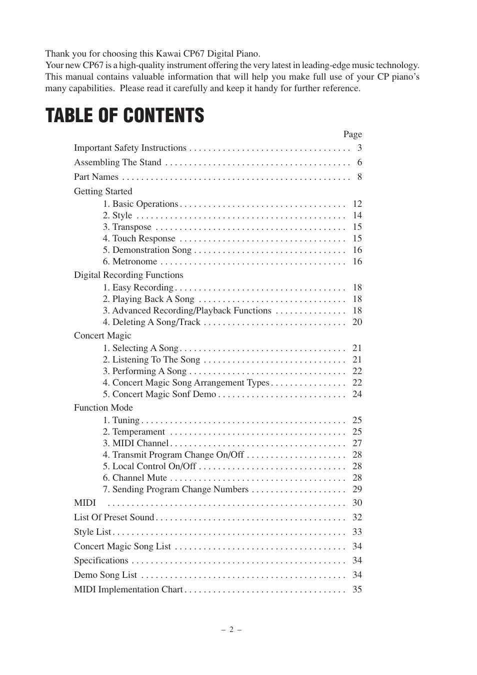 Kawai CP67 User Manual | Page 2 / 36