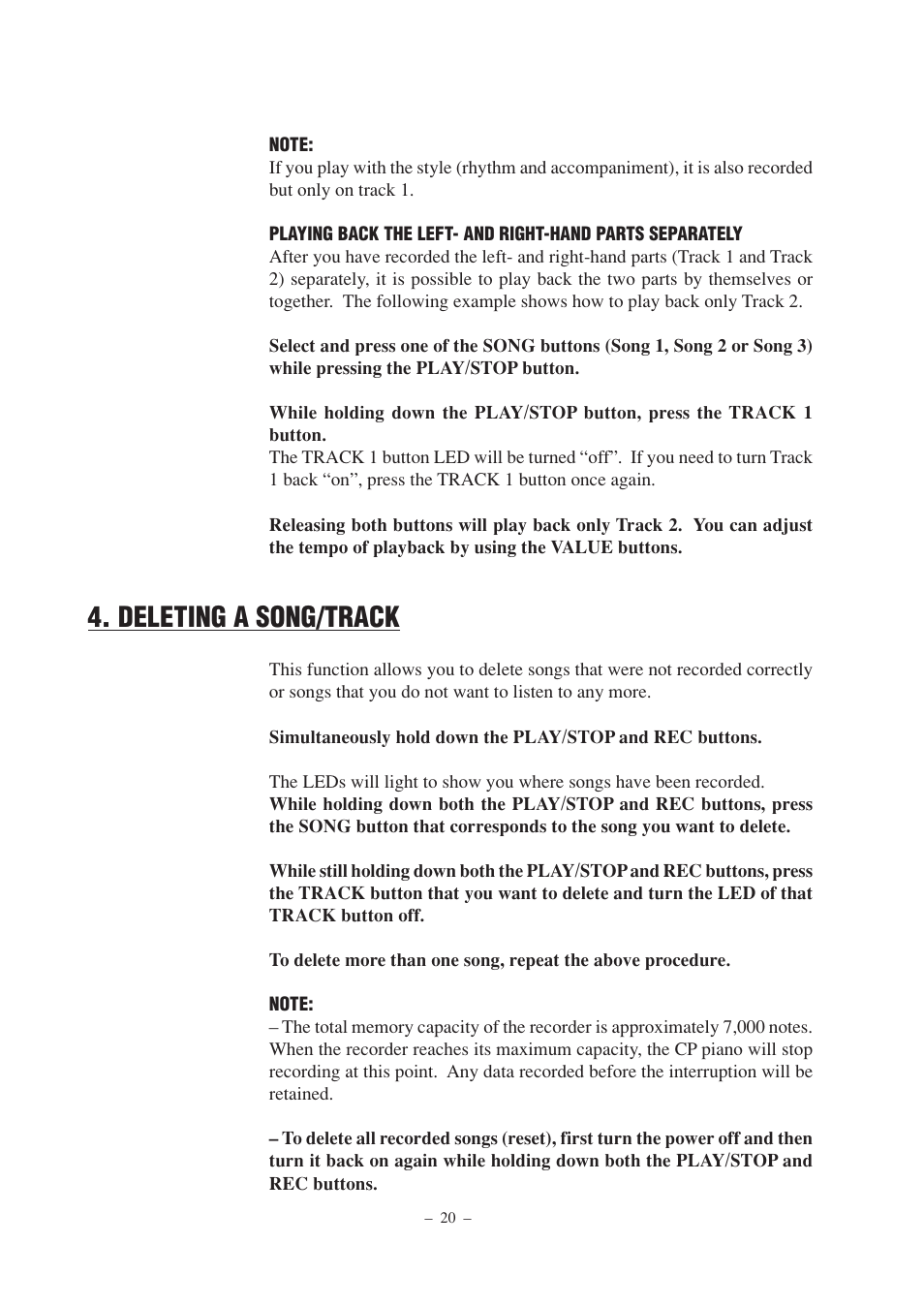 Deleting a song/track | Kawai CP67 User Manual | Page 20 / 36