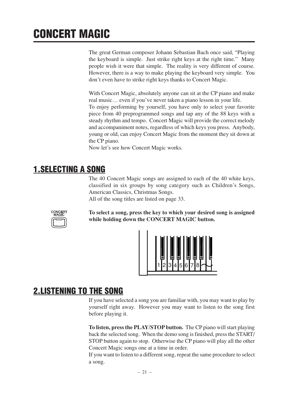 Concert magic, Selecting a song, Listening to the song | Kawai CP67 User Manual | Page 21 / 36