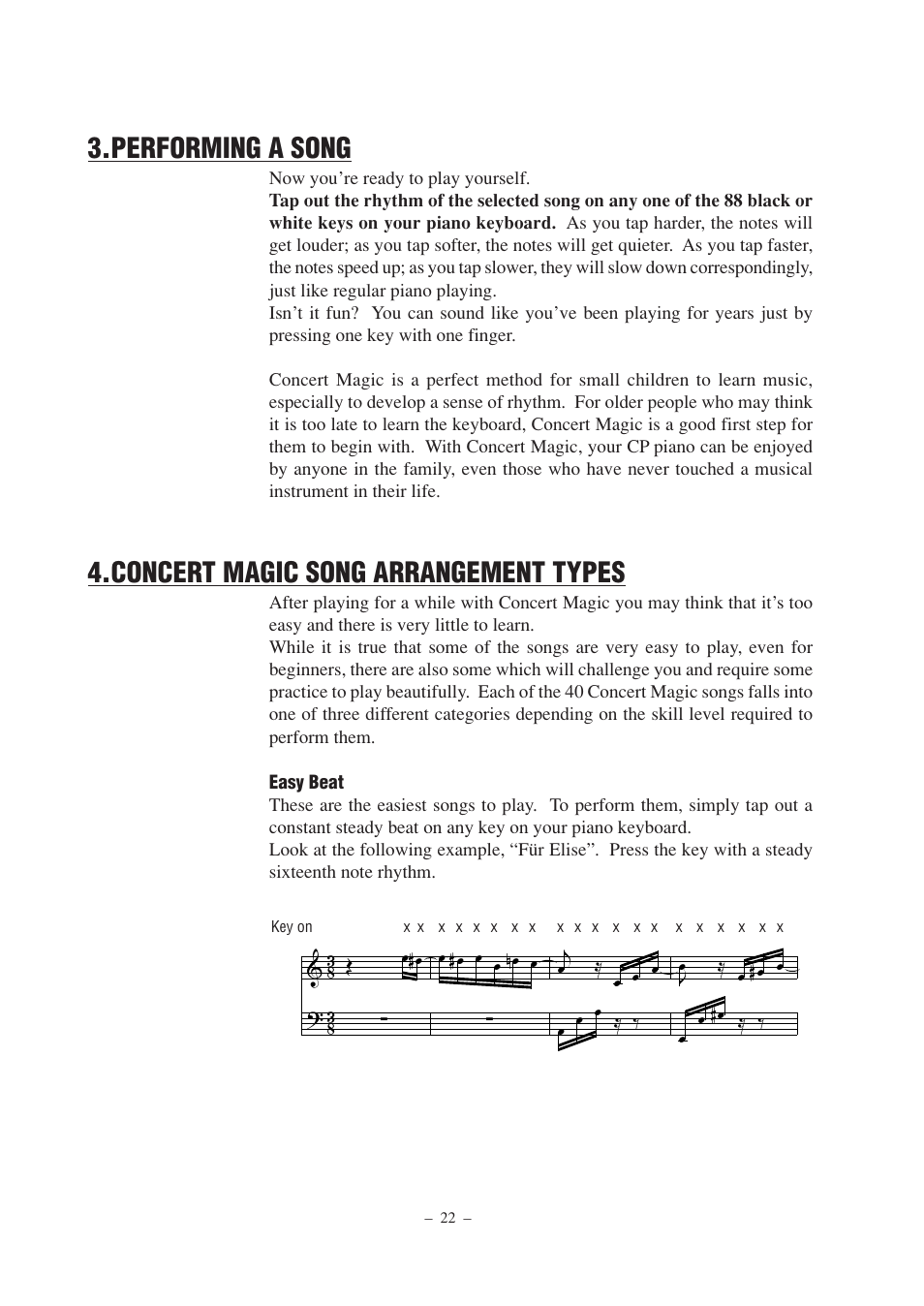 Performing a song, Concert magic song arrangement types | Kawai CP67 User Manual | Page 22 / 36