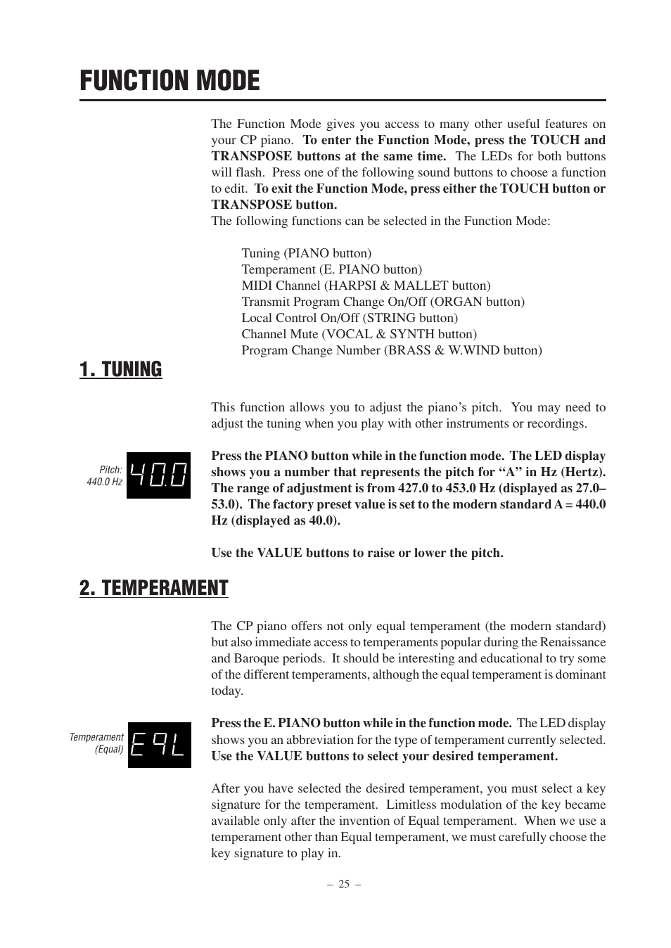 Function mode, Tuning, Temperament | Kawai CP67 User Manual | Page 25 / 36