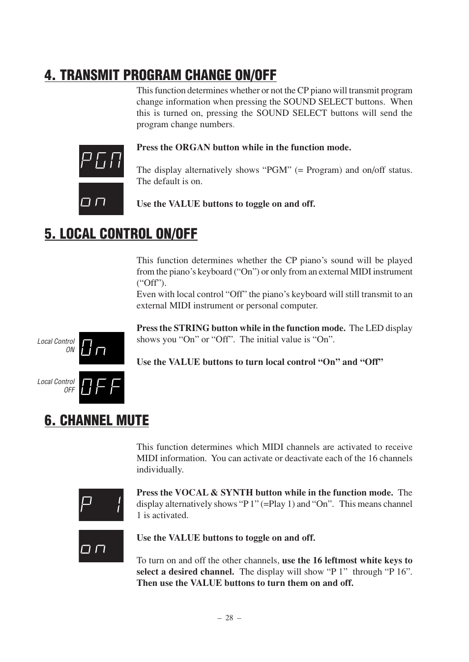 Transmit program change on/off, Local control on/off, Channel mute | Kawai CP67 User Manual | Page 28 / 36