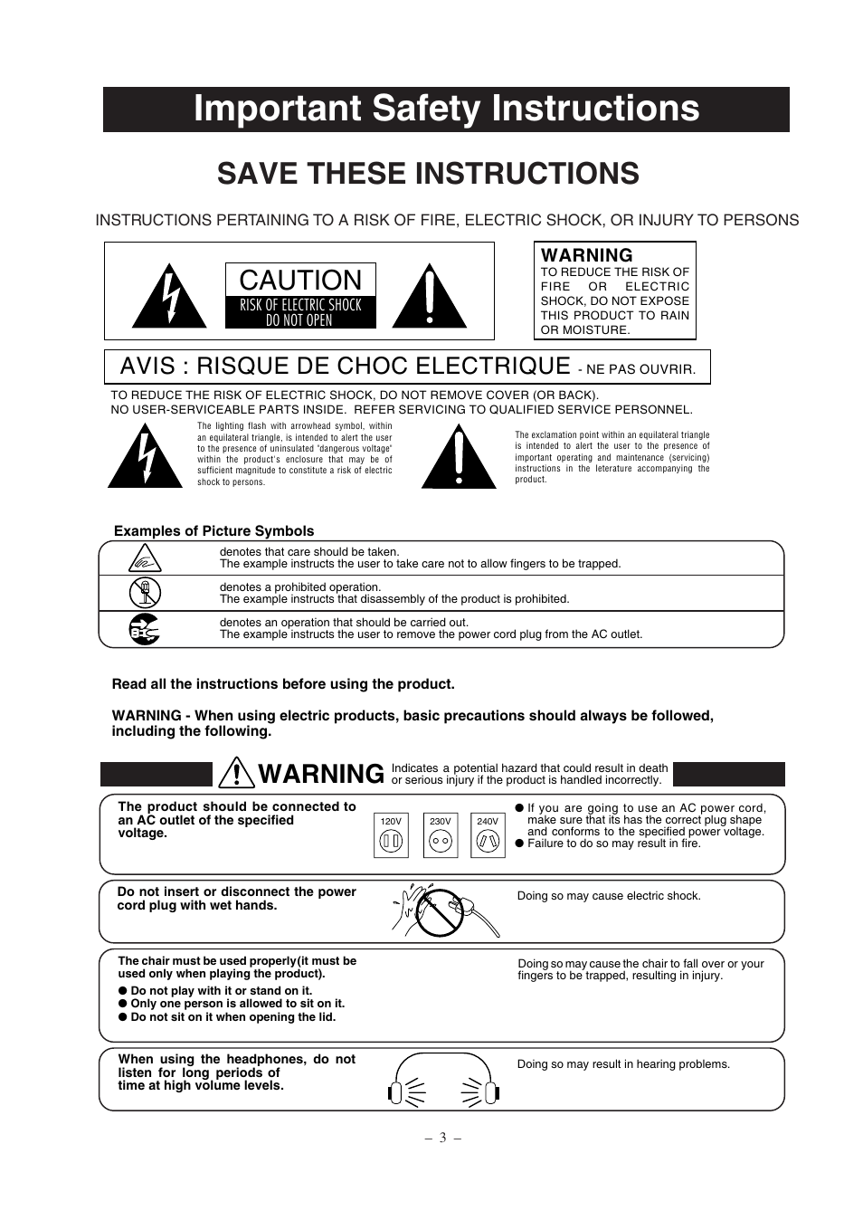 Important safety instructions, Save these instructions, Caution | Warning, Avis : risque de choc electrique | Kawai CP67 User Manual | Page 3 / 36