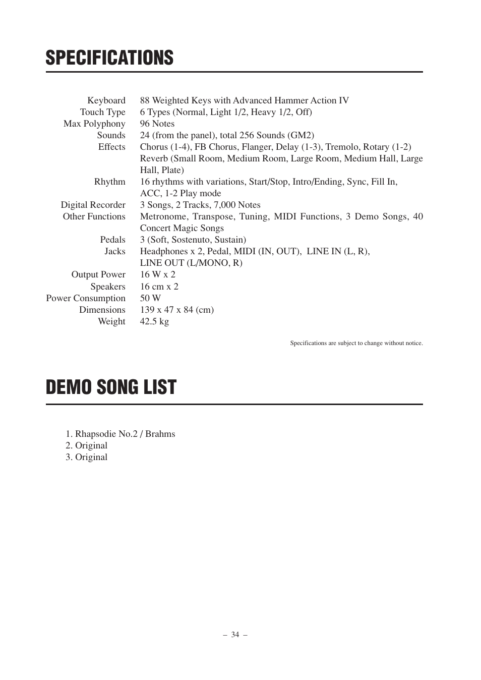 Specifications, Demo song list | Kawai CP67 User Manual | Page 34 / 36