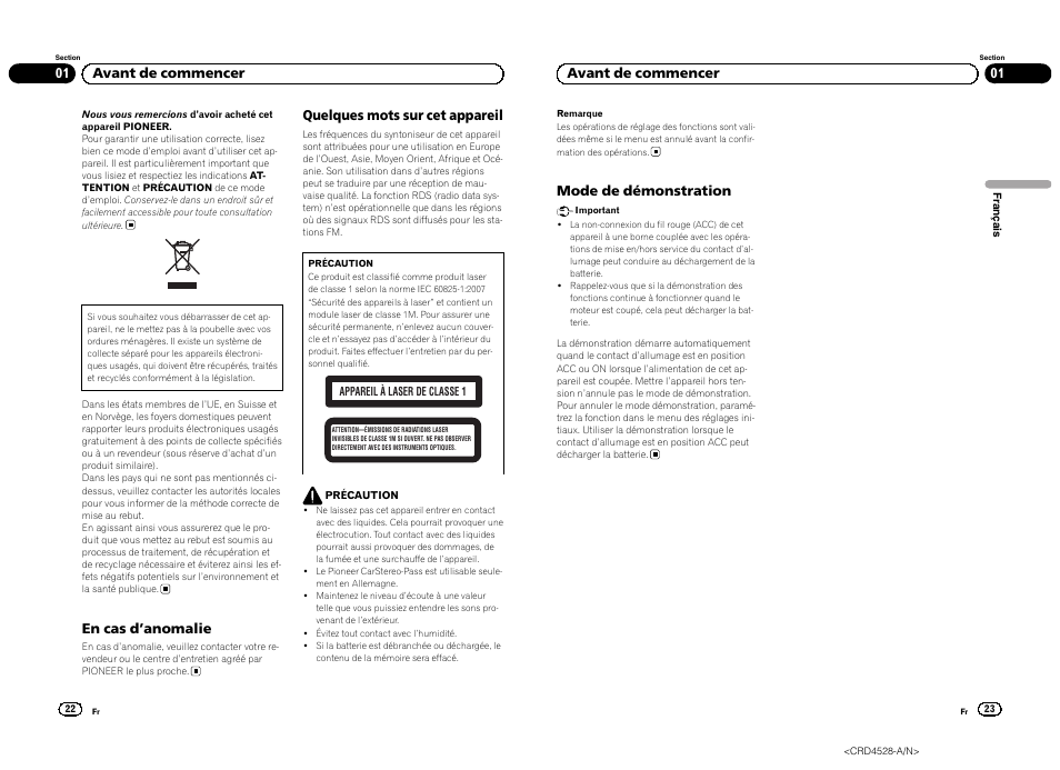 Français, En cas d ’anomalie, Quelques mots sur cet appareil | 01 avant de commencer, Mode de démonstration | Pioneer DEH-2300UB User Manual | Page 12 / 84