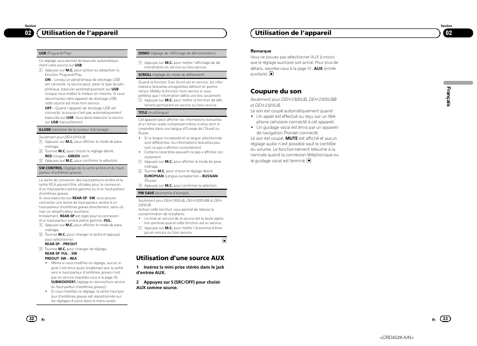 Utilisation d ’une source aux, 02 utilisation de l ’appareil, Coupure du son | Pioneer DEH-2300UB User Manual | Page 17 / 84