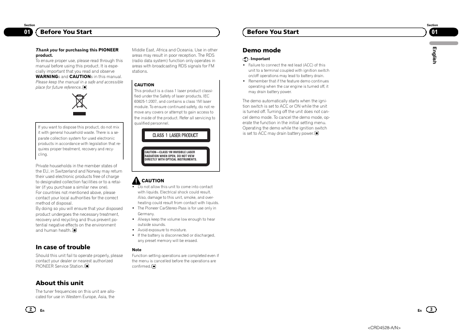 English, About this unit, 01 before you start demo mode | 01 before you start | Pioneer DEH-2300UB User Manual | Page 2 / 84