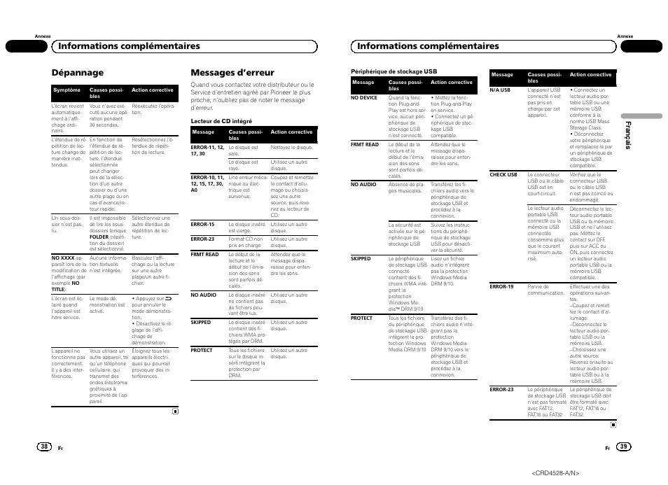 Dépannage, Messages d ’erreur, Informations complémentaires | Pioneer DEH-2300UB User Manual | Page 20 / 84
