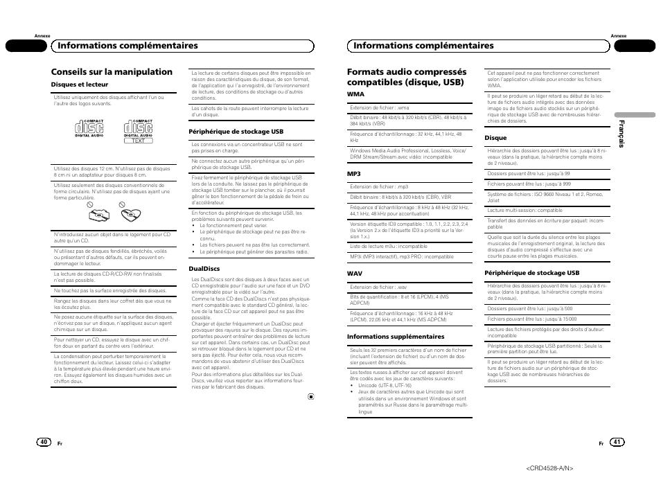 Conseils sur la manipulation, Informations complémentaires | Pioneer DEH-2300UB User Manual | Page 21 / 84