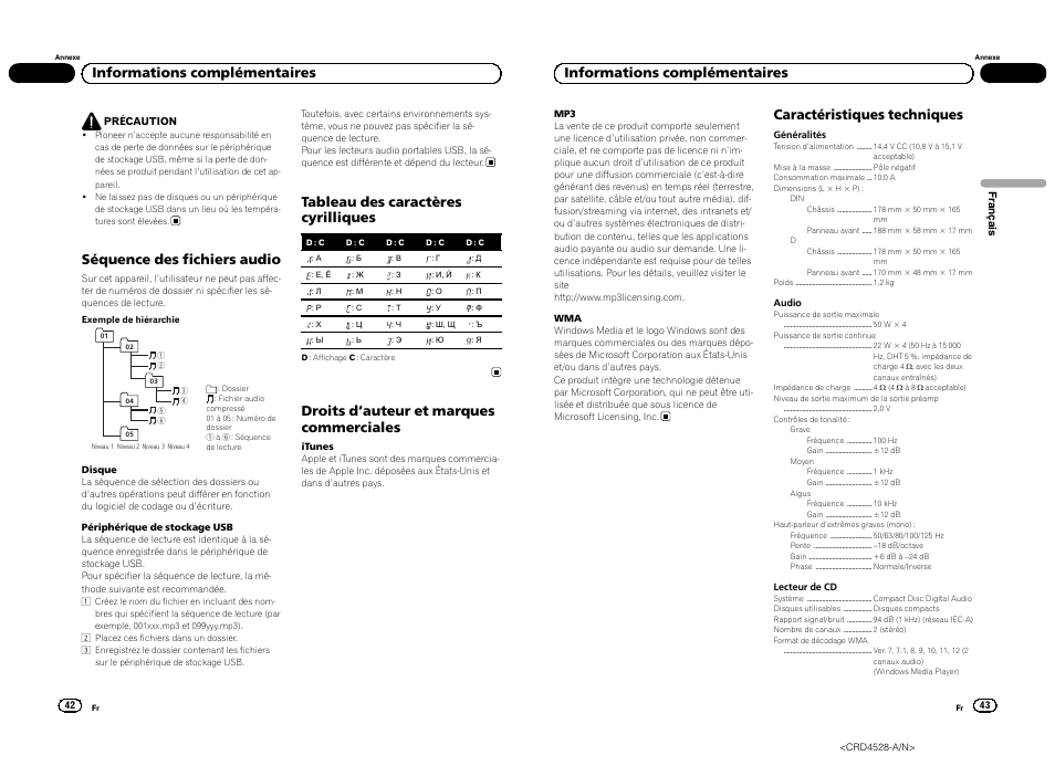 Séquence des fichiers audio, Tableau des caractères cyrilliques, Droits d ’auteur et marques commerciales | Informations complémentaires, Caractéristiques techniques | Pioneer DEH-2300UB User Manual | Page 22 / 84