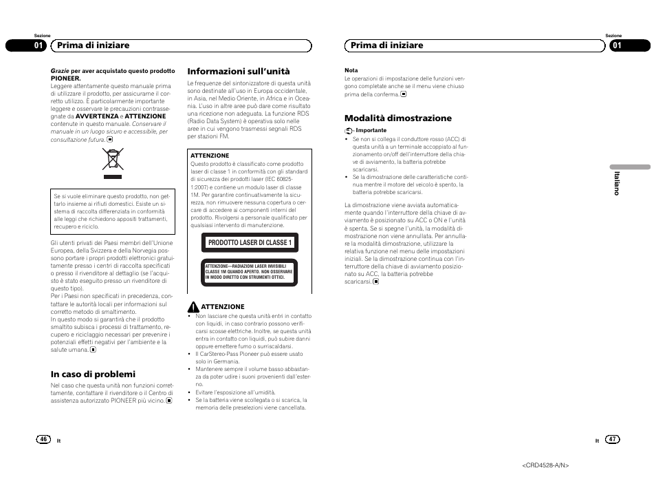 Italiano, Informazioni sull ’unità, 01 prima di iniziare | Modalità dimostrazione | Pioneer DEH-2300UB User Manual | Page 24 / 84