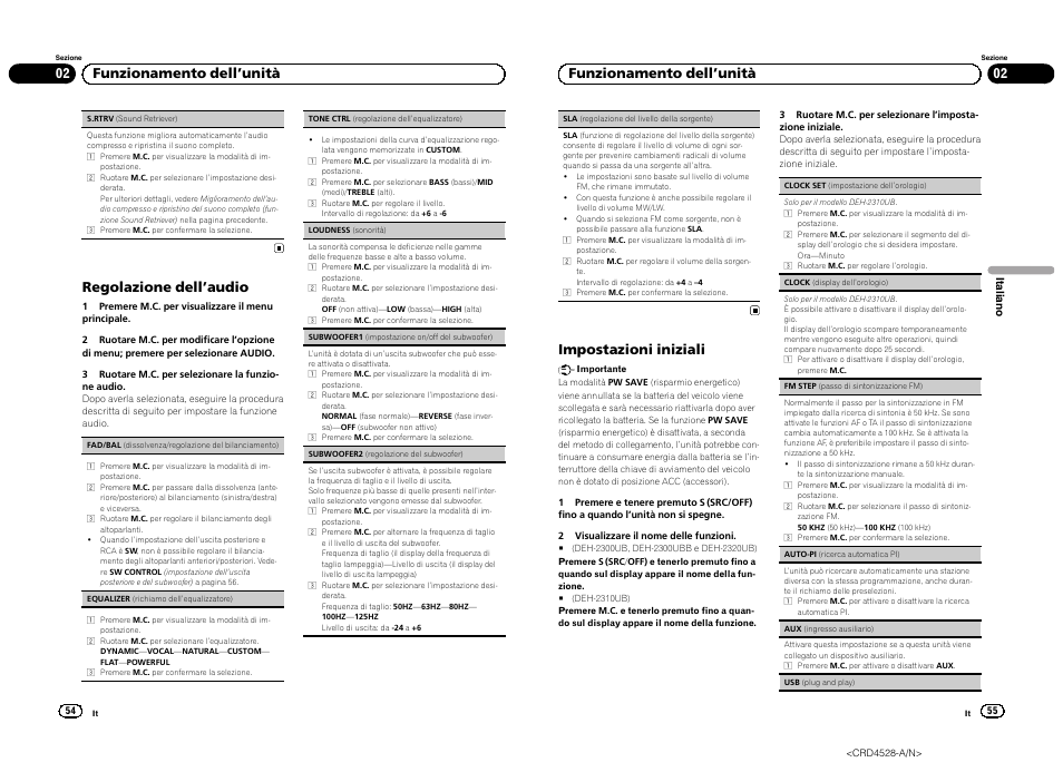 Regolazione dell ’audio, 02 funzionamento dell ’unità, Impostazioni iniziali | Pioneer DEH-2300UB User Manual | Page 28 / 84