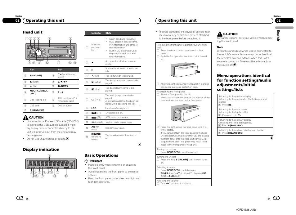 Head unit, Display indication, Basic operations | 02 operating this unit | Pioneer DEH-2300UB User Manual | Page 3 / 84