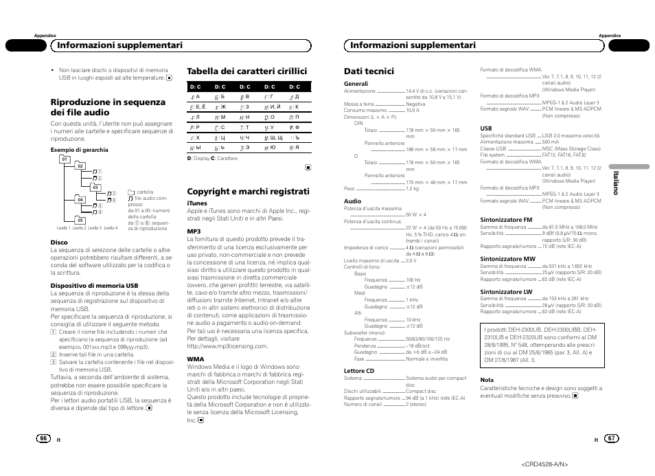 Riproduzione in sequenza dei file audio, Tabella dei caratteri cirillici, Copyright e marchi registrati | Informazioni supplementari dati tecnici, Informazioni supplementari | Pioneer DEH-2300UB User Manual | Page 34 / 84