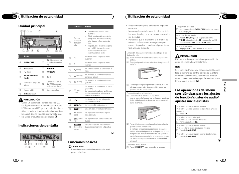 Unidad principal, Indicaciones de pantalla, Funciones básicas | 02 utilización de esta unidad | Pioneer DEH-2300UB User Manual | Page 36 / 84