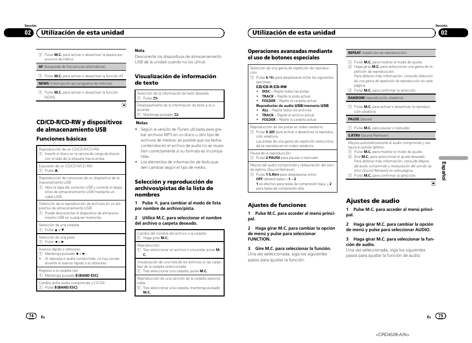 Cd/cd-r/cd-rw y dispositivos de almacenamiento usb, 02 utilización de esta unidad, Ajustes de audio | Pioneer DEH-2300UB User Manual | Page 38 / 84