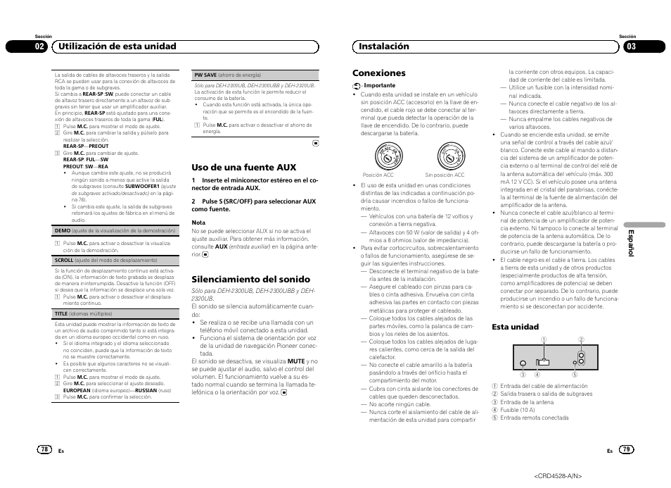 Uso de una fuente aux, Silenciamiento del sonido, 02 utilización de esta unidad conexiones | 03 instalación | Pioneer DEH-2300UB User Manual | Page 40 / 84