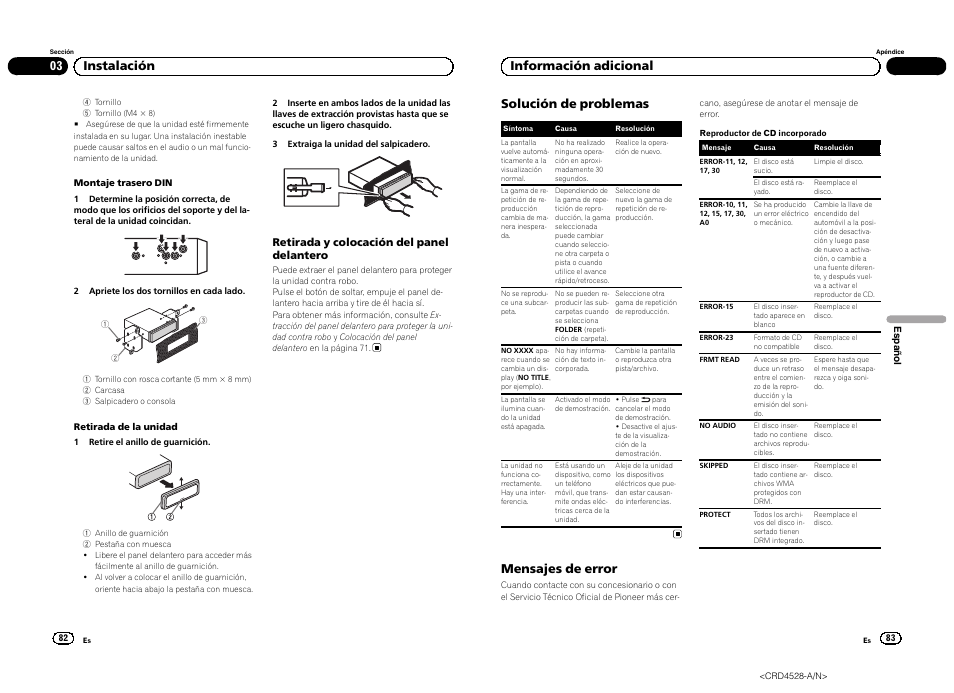03 instalación solución de problemas, Mensajes de error, Información adicional | Pioneer DEH-2300UB User Manual | Page 42 / 84