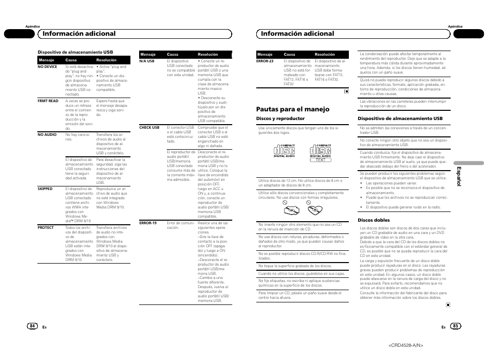 Información adicional, Pautas para el manejo | Pioneer DEH-2300UB User Manual | Page 43 / 84