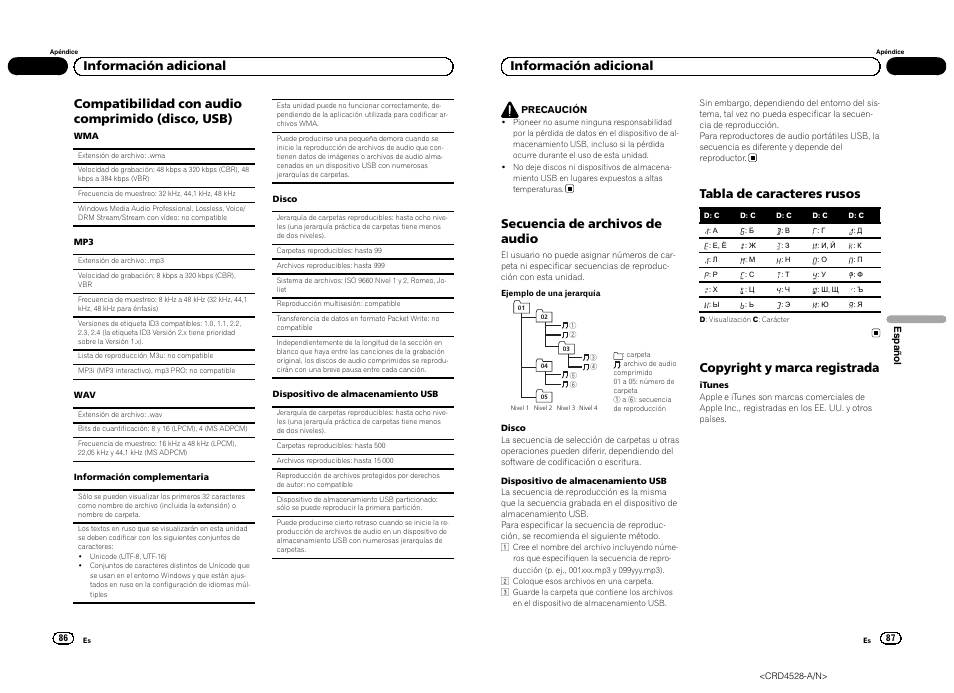 Compatibilidad con audio comprimido (disco, usb), Información adicional, Secuencia de archivos de audio | Tabla de caracteres rusos, Copyright y marca registrada | Pioneer DEH-2300UB User Manual | Page 44 / 84