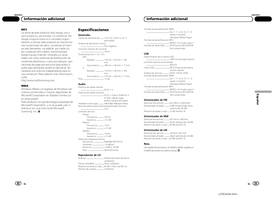 Especificaciones, Información adicional | Pioneer DEH-2300UB User Manual | Page 45 / 84