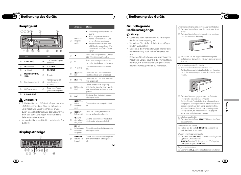 Hauptgerät, Display-anzeige, 02 bedienung des geräts | Pioneer DEH-2300UB User Manual | Page 47 / 84