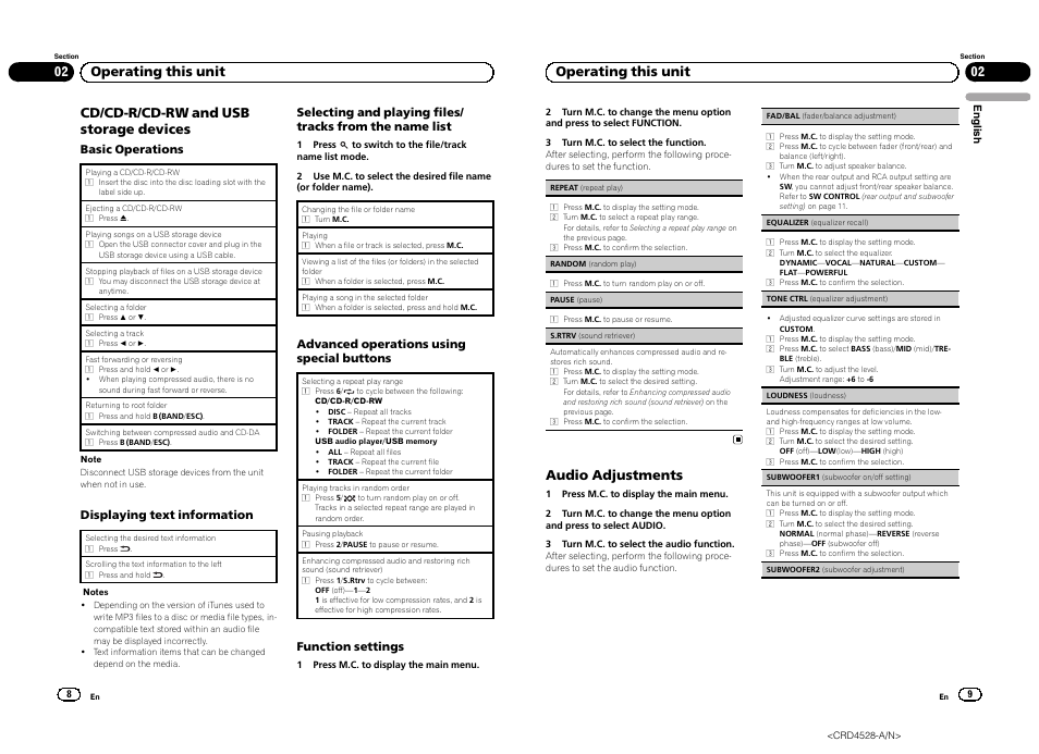 Cd/cd-r/cd-rw and usb storage devices, 02 operating this unit, Audio adjustments | Pioneer DEH-2300UB User Manual | Page 5 / 84
