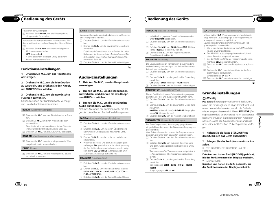 Audio-einstellungen, 02 bedienung des geräts, Grundeinstellungen | Funktionseinstellungen | Pioneer DEH-2300UB User Manual | Page 50 / 84