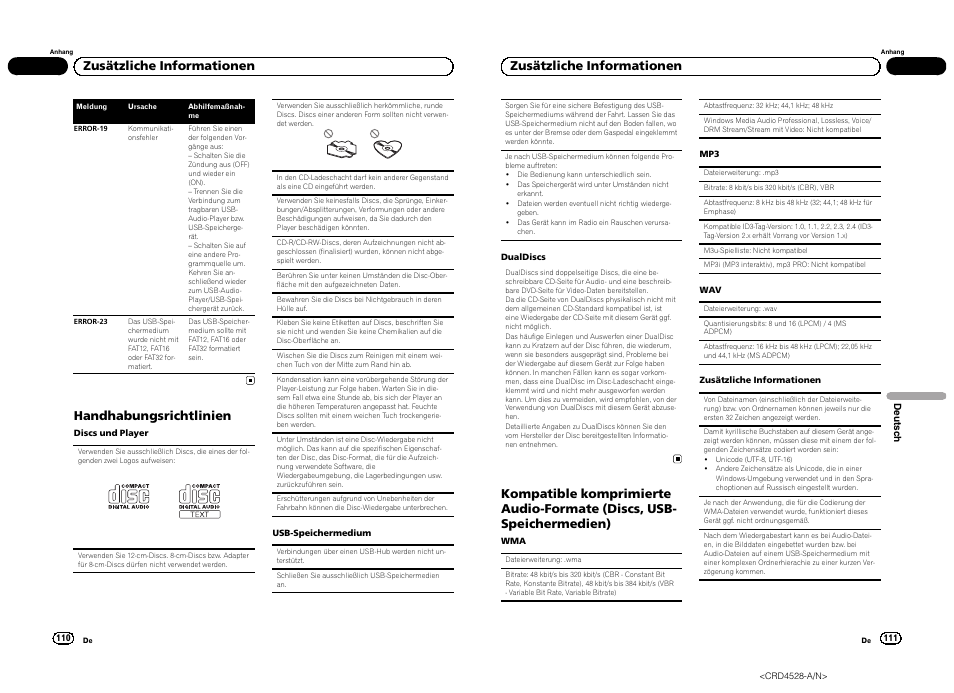 Handhabungsrichtlinien, Zusätzliche informationen | Pioneer DEH-2300UB User Manual | Page 56 / 84