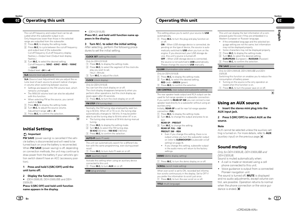 Initial settings, 02 operating this unit, Using an aux source | Sound muting | Pioneer DEH-2300UB User Manual | Page 6 / 84
