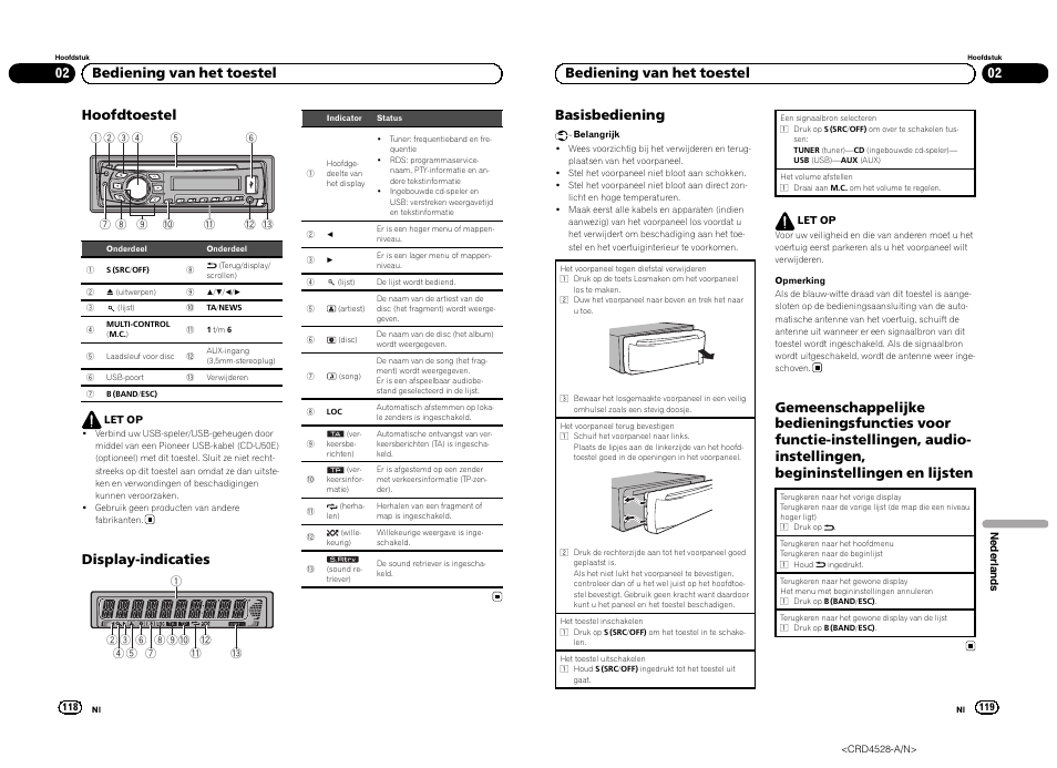Hoofdtoestel, Display-indicaties, 02 bediening van het toestel basisbediening | 02 bediening van het toestel | Pioneer DEH-2300UB User Manual | Page 60 / 84