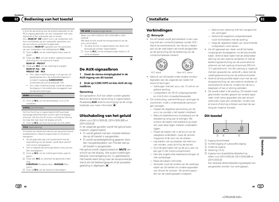 De aux-signaalbron, Uitschakeling van het geluid, 02 bediening van het toestel verbindingen | 03 installatie | Pioneer DEH-2300UB User Manual | Page 64 / 84