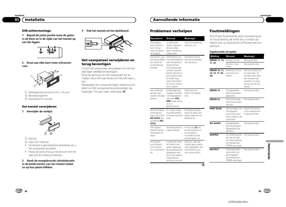 03 installatie problemen verhelpen, Foutmeldingen, Aanvullende informatie | Pioneer DEH-2300UB User Manual | Page 66 / 84