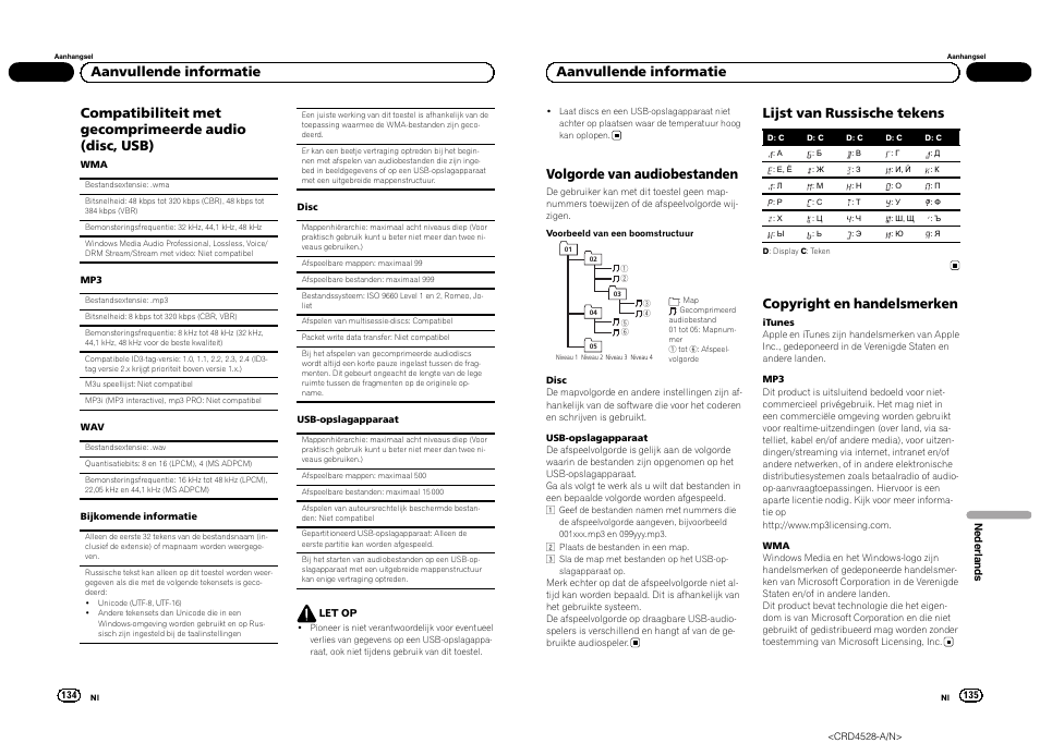 Aanvullende informatie, Volgorde van audiobestanden, Lijst van russische tekens | Copyright en handelsmerken | Pioneer DEH-2300UB User Manual | Page 68 / 84