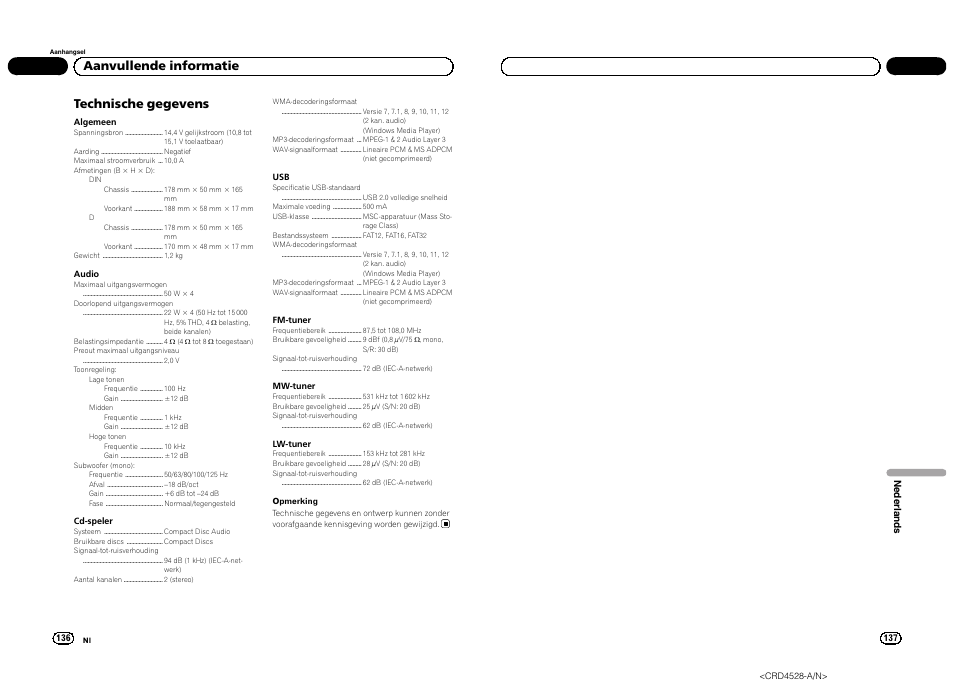 Technische gegevens, Aanvullende informatie | Pioneer DEH-2300UB User Manual | Page 69 / 84