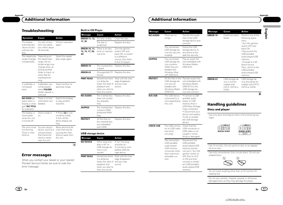 Troubleshooting, Error messages, Additional information | Handling guidelines | Pioneer DEH-2300UB User Manual | Page 9 / 84