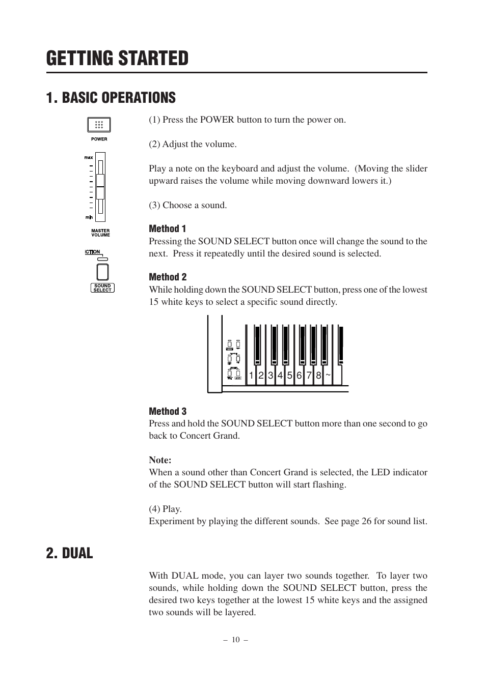 Getting started, Basic operations, Dual | Kawai CN2 User Manual | Page 10 / 28