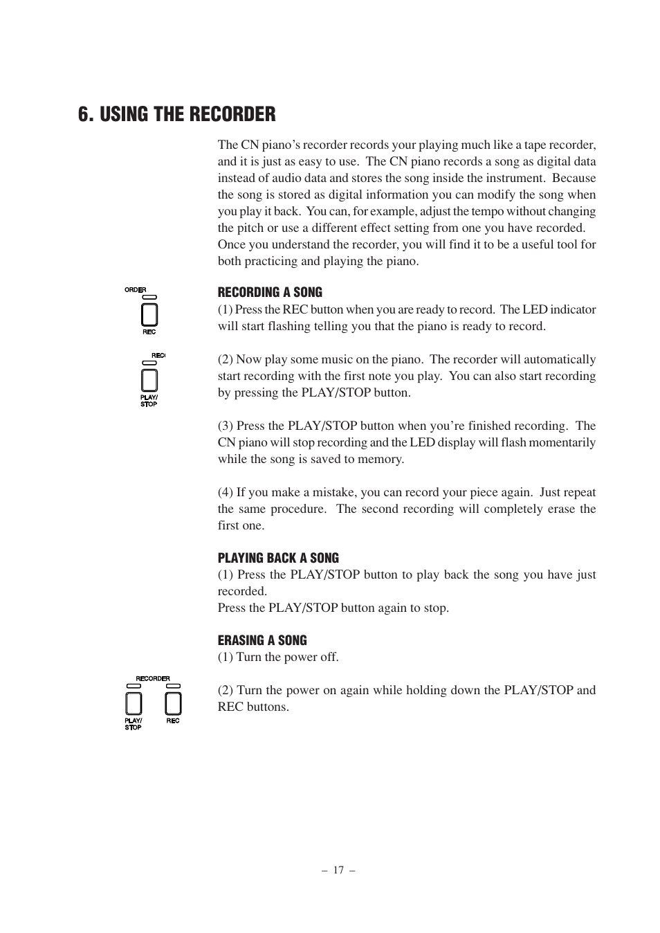 Using the recorder | Kawai CN2 User Manual | Page 17 / 28