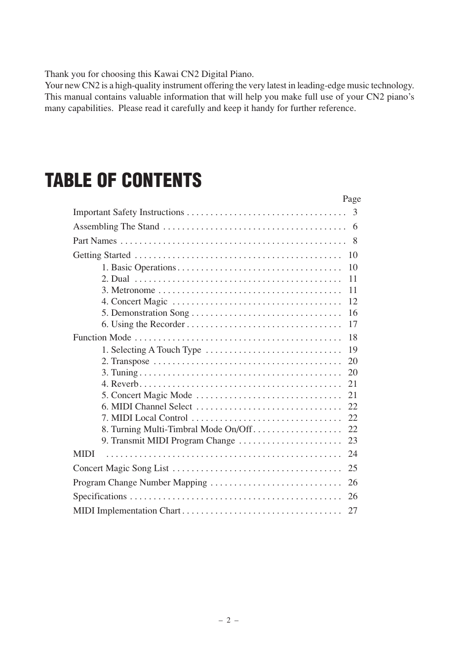 Kawai CN2 User Manual | Page 2 / 28