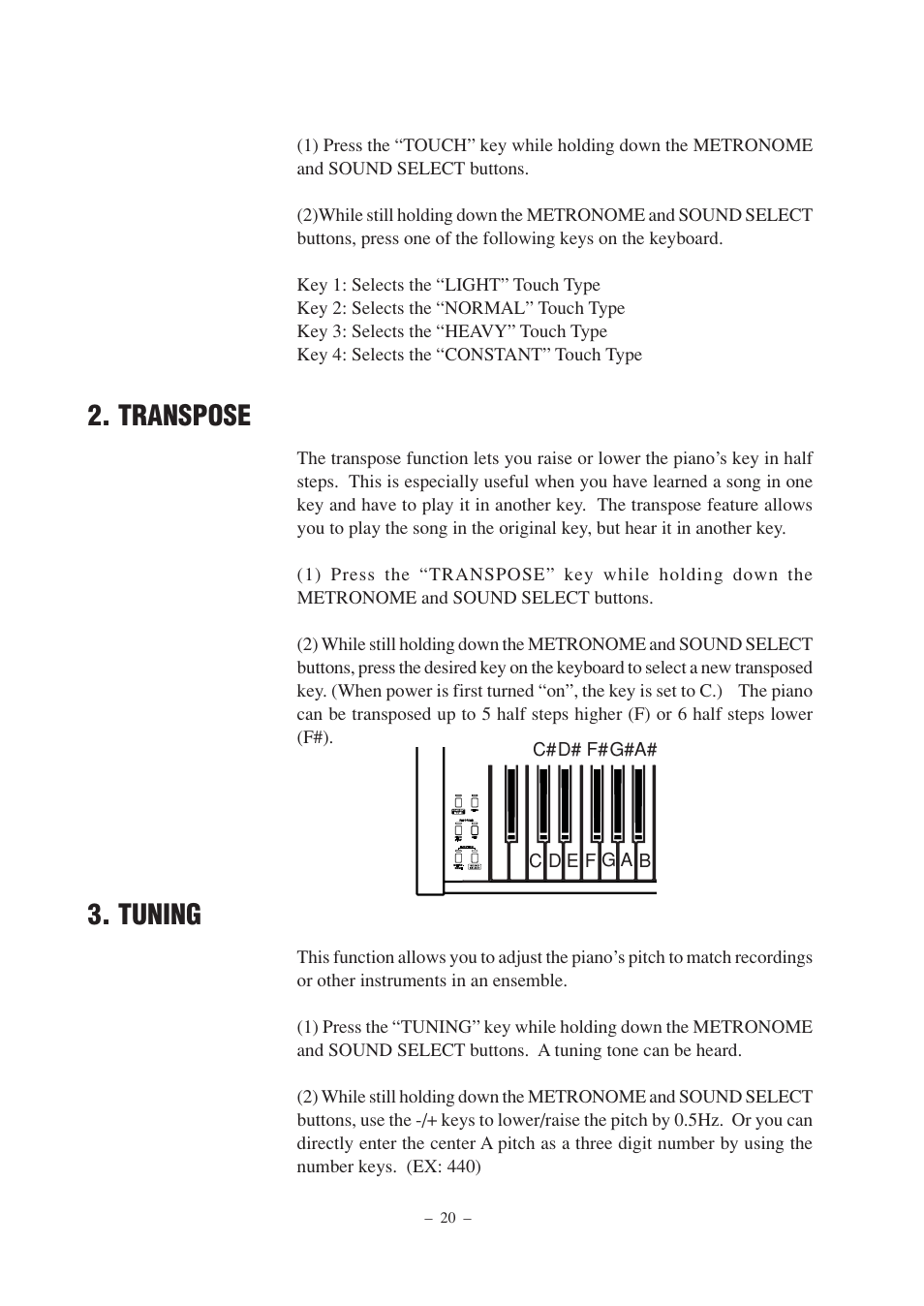 Transpose, Tuning | Kawai CN2 User Manual | Page 20 / 28