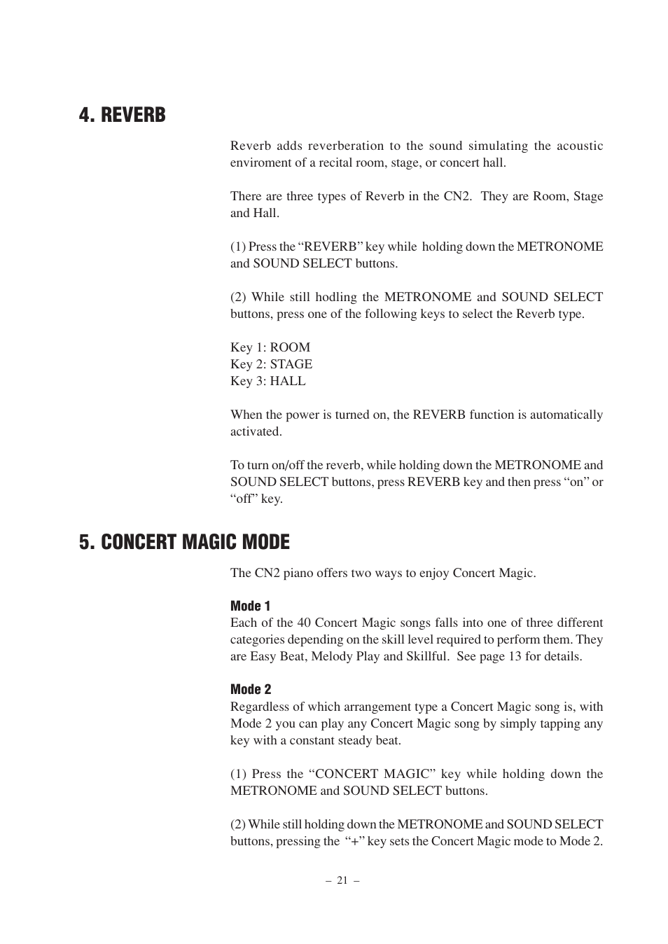 Reverb, Concert magic mode | Kawai CN2 User Manual | Page 21 / 28