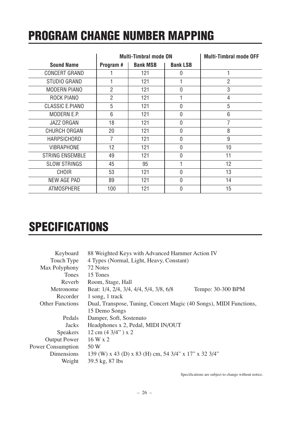 Specifications, Program change number mapping | Kawai CN2 User Manual | Page 26 / 28