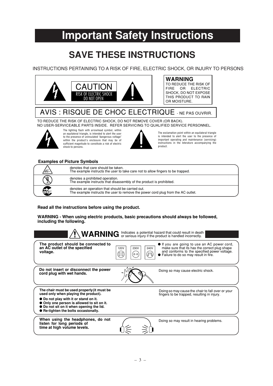 Important safety instructions, Save these instructions, Caution | Warning, Avis : risque de choc electrique | Kawai CN2 User Manual | Page 3 / 28