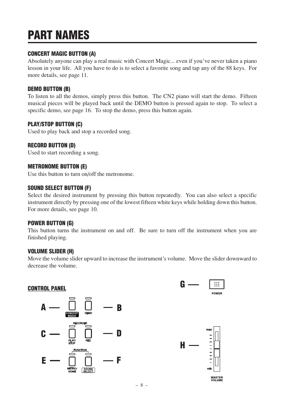 Part names | Kawai CN2 User Manual | Page 8 / 28