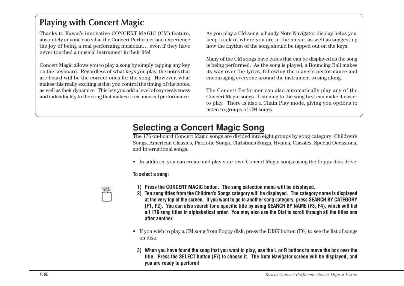 Playing with concert magic, Selecting a concert magic song | Kawai CP115 User Manual | Page 102 / 182