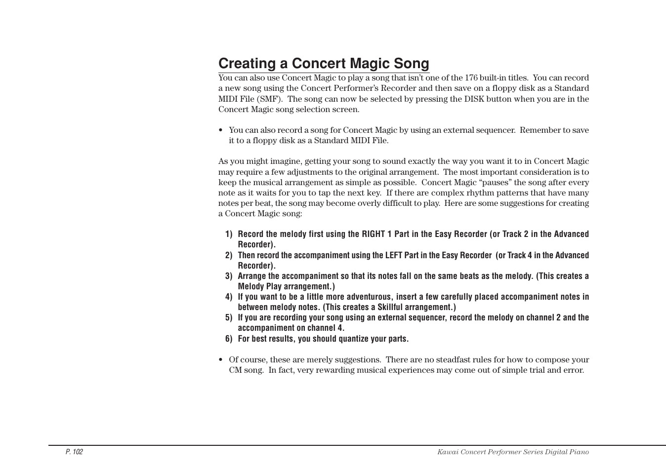 Creating a concert magic song | Kawai CP115 User Manual | Page 108 / 182