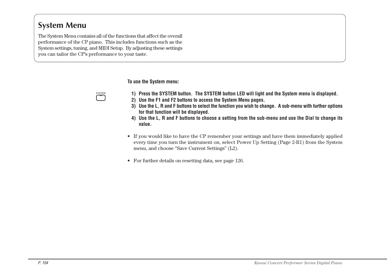 System menu | Kawai CP115 User Manual | Page 110 / 182