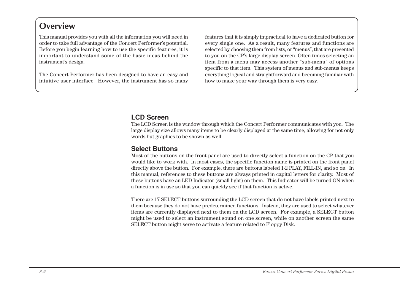 Overview | Kawai CP115 User Manual | Page 12 / 182