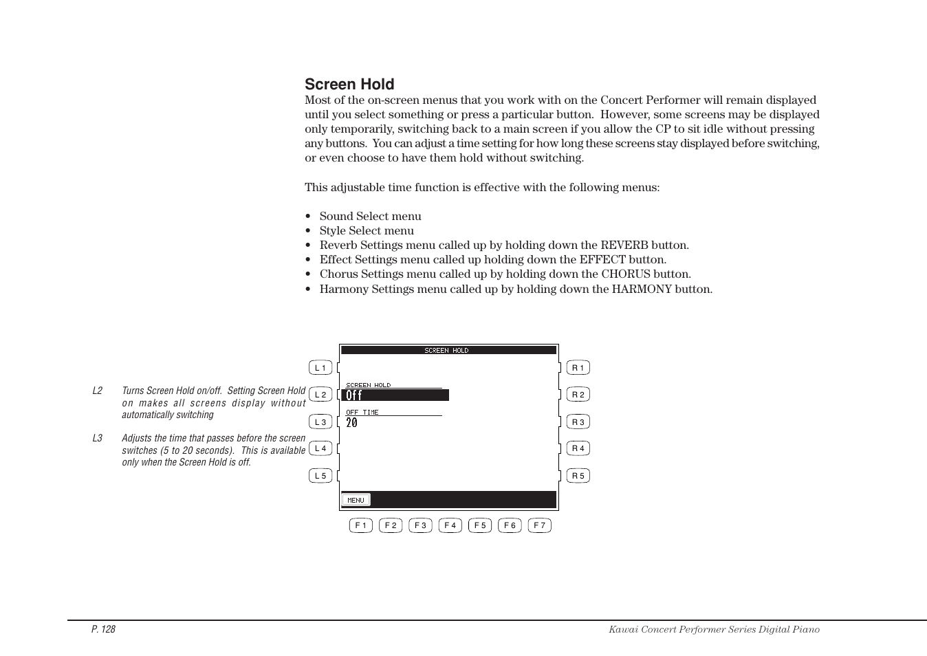 Screen hold | Kawai CP115 User Manual | Page 134 / 182