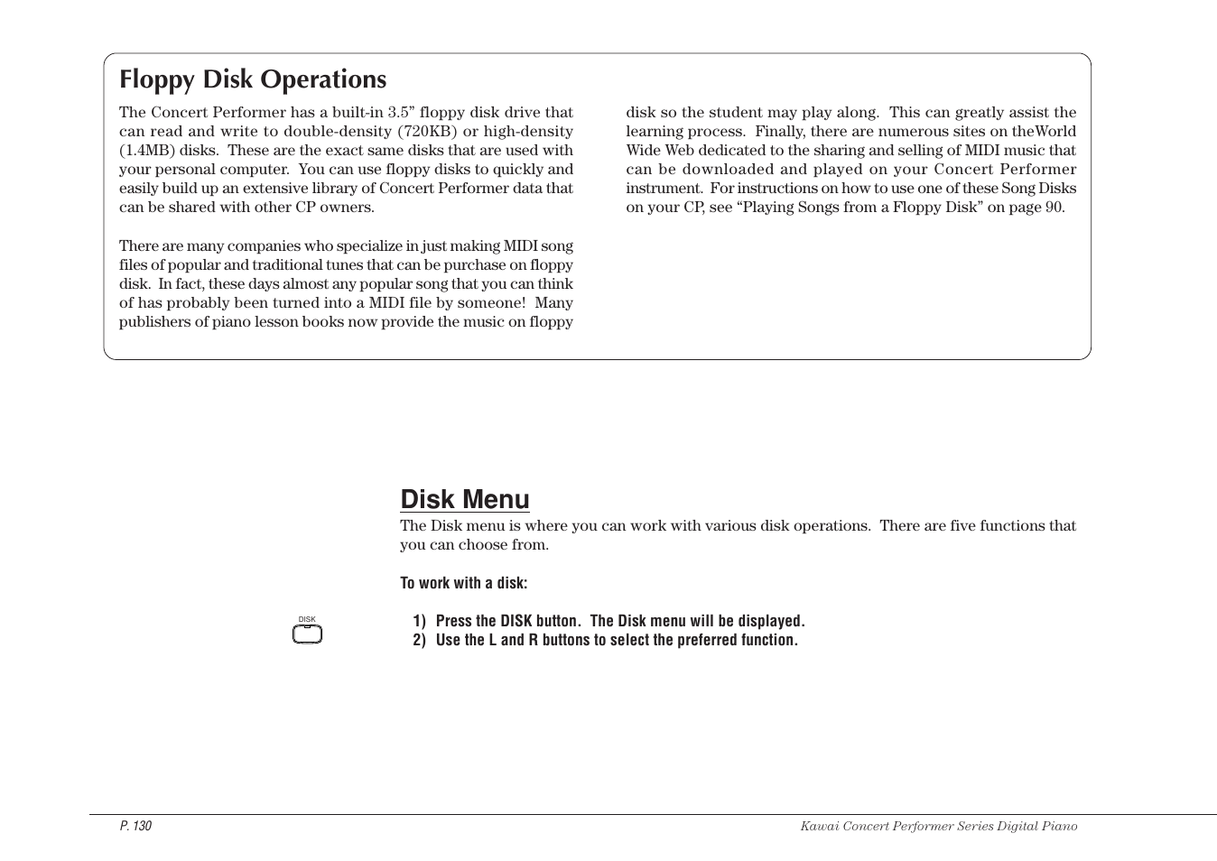 Floppy disk operations, Disk menu | Kawai CP115 User Manual | Page 136 / 182